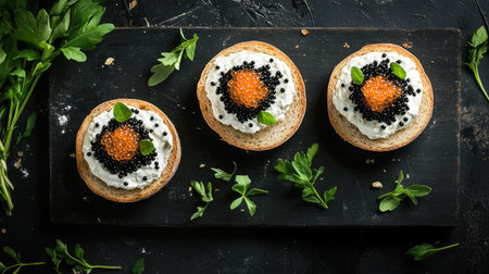 Flat lay of three caviar-topped sandwiches with cream cheese on a dark cutting board, surrounded by fresh herbs. Capturing the essence of a refined appetizerの素材