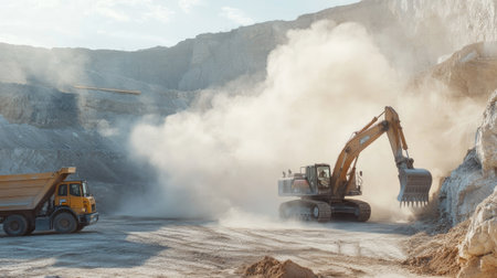Backhoe and truck in a limestone quarry, with dust clouds rising as heavy machinery extracts and transports construction materialsの素材