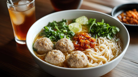 A steaming bowl of bakso meatball soup with noodles, meatballs, and fresh vegetables, paired with a side of spicy sambal sauce and a glass of iced tea on a wooden tableの素材