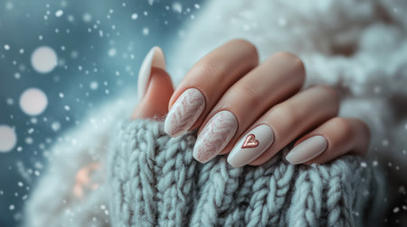 Beautiful long nails with a heart design on female hands peeking out of soft winter gloves, showing off a stylish manicure, set against a wintery backdropの素材