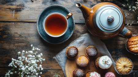 Flat lay of a teapot, a cup of hot tea, and a selection of desserts on an antique wooden surface. Perfect for capturing a cozy, nostalgic tea time momentの素材
