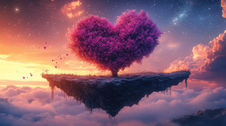 Floating island with a vibrant heart-shaped tree in full bloom, suspended in the air with a backdrop of a dramatic sunset sky and distant starsの素材