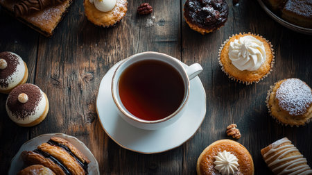 Flat lay of a hot tea cup with assorted desserts like aclairs and muffins, on a weathered wooden background. Capturing a rustic and comforting afternoon tea momentの素材