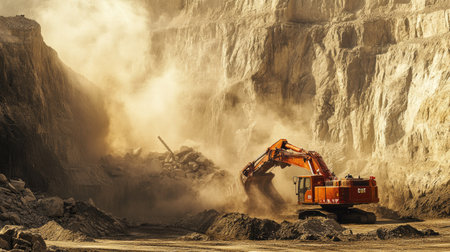 Backhoe and truck in a limestone quarry, with dust clouds rising as heavy machinery extracts and transports construction materialsの素材
