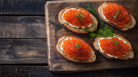 Flat lay of three open-faced sandwiches with red caviar on a wooden board, garnished with fresh dill. A sophisticated fish delicacy perfect for fine diningの素材