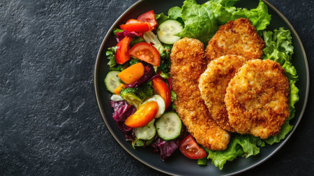 Flat lay of golden chicken schnitzel paired with a colorful vegetable salad, placed on a plate over a dark textured surface. Perfect for food and dining themesの素材