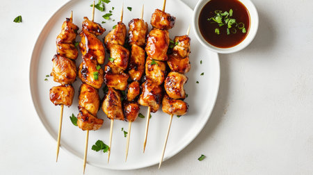 Flat lay of teriyaki chicken skewers with a small bowl of dipping sauce, on a white plate and light stone backdrop. Perfect for modern and traditional recipesの素材