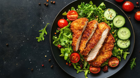 Flat lay photo of a juicy chicken schnitzel and a fresh salad with tomatoes, cucumbers, and greens on a plate over a dark surface. Ideal for food blogs and menusの素材
