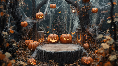 Wooden podium in an enchanted autumn forest, decorated with pumpkins, lanterns, and cobwebs, ready for a Halloween-themed product presentation.の素材