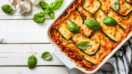 Close-up of a baked zucchini lasagna with rich bolognese sauce, arranged in a baking dish on a white wooden table, garnished with basil leaves, top viewの素材