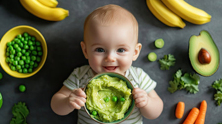 A playful baby reaching for a bowl of mashed avocado, with vibrant fresh ingredients like bananas, peas, and carrots displayed around, symbolizing healthy baby mealsの素材