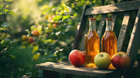 Apple cider vinegar bottles with fresh apples on a wooden chair in a green garden, representing homemade healthy drinks and the benefits of natural ingredientsの素材