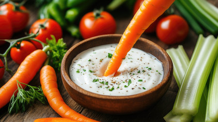 A bright carrot stick being dipped into ranch dressing, with fresh vegetables like celery and tomatoes arranged on a wooden table for a healthy snack vibeの素材