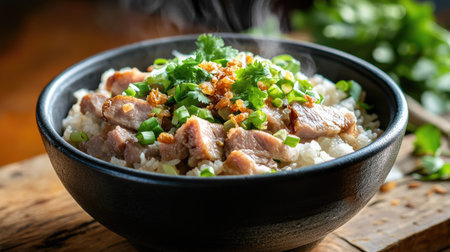 A close-up of a steaming bowl of homemade boiled rice with tender pork slices, garnished with fresh green onions, fried garlic, and cilantro, served on a rustic wooden tableの素材