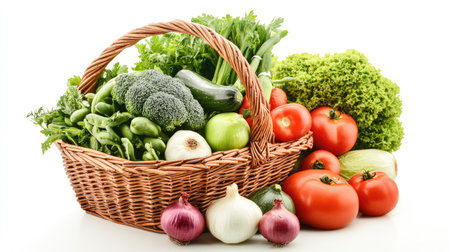 A basket overflowing with fresh vegetables like broccoli, onions, tomatoes, and green beans, arranged on a white studio backgroundの素材