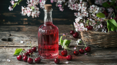 A bottle of Kirsch cherry liquor on a rustic wooden table, surrounded by cherry fruits and blossoms, capturing the essence of this sweet and traditional alcoholの素材