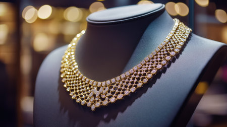 A close-up of a gold necklace displayed on a mannequin, the fine design highlighted by the soft glow of store lighting, perfect for luxury presentationの素材