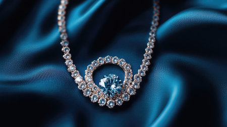 A delicate diamond necklace resting on a luxurious blue backdrop, shot from above, with the gems sparkling vividly in the soft lightingの素材