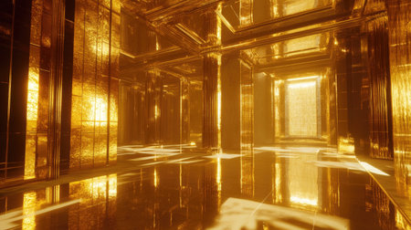 A high-resolution image of a room filled with gold bars, the detailed surfaces glinting in the light, creating a strong visual of wealth and opulenceの素材