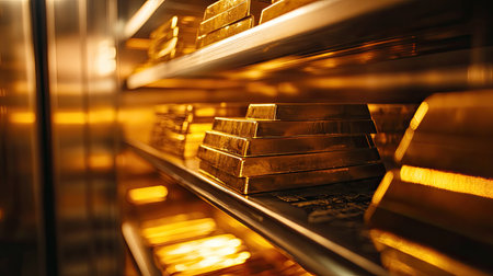A close-up of stacked gold bars inside a vault, their reflective surfaces creating a rich and luxurious image in high quality and resolutionの素材