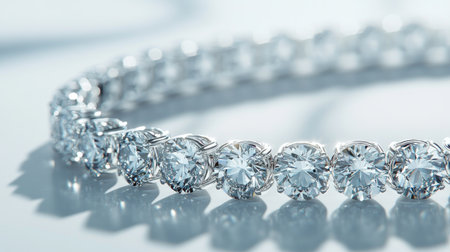 A diamond bracelet draped elegantly on a clean white background, reflecting light from each brilliant stoneの素材