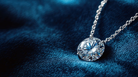 A high-angle shot of a delicate diamond necklace, placed on a rich blue velvet surface, its brilliance highlighted by the soft lighting, evoking luxuryの素材