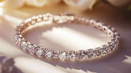 A diamond bracelet resting on a white surface, with soft lighting highlighting the delicate design and luxurious feelの素材