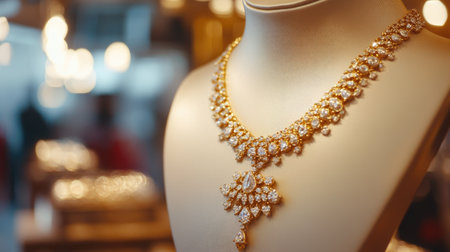 A close-up of a gold necklace displayed on a mannequin, the fine design highlighted by the soft glow of store lighting, perfect for luxury presentationの素材