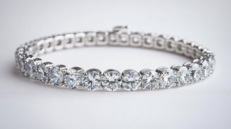 A delicate diamond bracelet laid flat on a pristine white background, emphasizing its sparkle and sophisticated designの素材