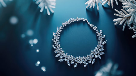A gorgeous diamond necklace displayed on a blue background, shot from above to showcase the brilliance of the diamonds and the exquisite craftsmanshipの素材
