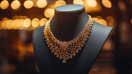 A close-up shot of a stunning gold necklace on a mannequin in a jewelry store, the intricate design glowing under warm light, perfect for a luxury showcaseの素材
