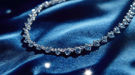 A delicate diamond necklace lying on a velvet blue surface, captured from above, each gemstone sparkling brilliantly in the soft lightingの素材