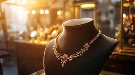 A delicate gold necklace on a velvet mannequin, set against a luxurious jewelry shop interior, with golden hues reflecting in the ambient lightの素材