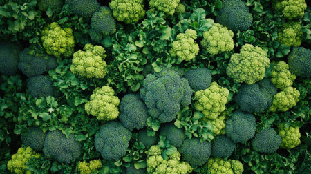 A large, vibrant pile of broccoli, seen from above, with the dense arrangement of green florets creating a lush, healthy vegetable backgroundの素材