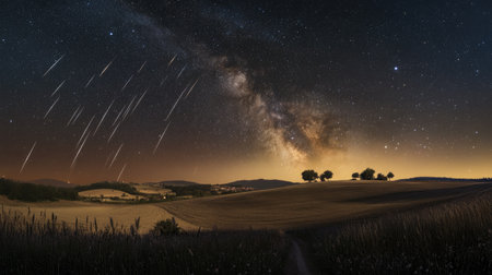 A serene summer landscape with the Milky Way overhead, as multiple Perseids meteors streak across the star-filled skyの素材