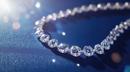 A luxurious diamond necklace sparkling on a sapphire blue surface, photographed from above, with soft light enhancing the radiance of each stoneの素材