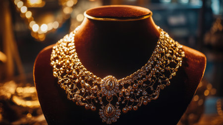 A shimmering gold necklace draped across a velvet-covered mannequin in a boutique, with soft lighting enhancing its intricate design and luxurious appealの素材