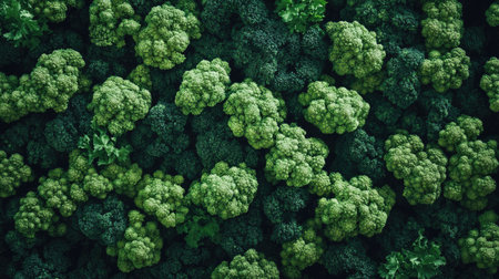 A high-angle shot of numerous broccoli florets, closely packed together, forming a natural green backdrop that symbolizes fresh and healthy foodの素材