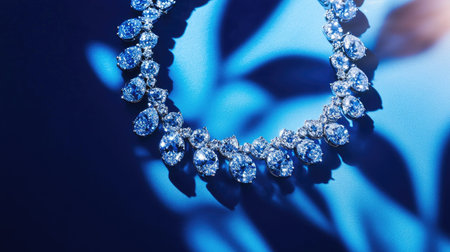 A sparkling diamond necklace placed on a vibrant blue background, photographed from above, highlighting its intricate design and radiant diamondsの素材