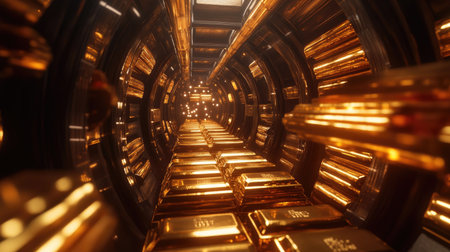 A high-angle shot of a vault filled with stacked gold bars, the gleaming surfaces radiating light in a secure and luxurious environmentの素材