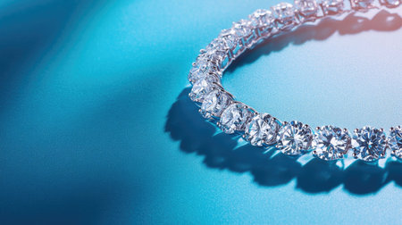 A sparkling diamond necklace placed on a vibrant blue background, photographed from above, highlighting its intricate design and radiant diamondsの素材