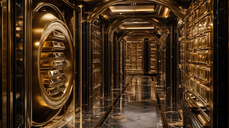 A vault packed with shiny gold bars, the high-resolution rendering capturing the rich golden hue and luxury of the wealth stored insideの素材
