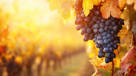 A vineyard scene featuring bunches of ripe wine grapes and vibrant autumn foliage, warm tones, soft-focus backgroundの素材