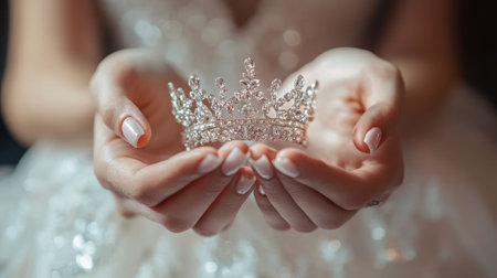 Brideaes hands with French manicure holding a sparkling tiara, festive wedding atmosphere with luxurious detailsの素材