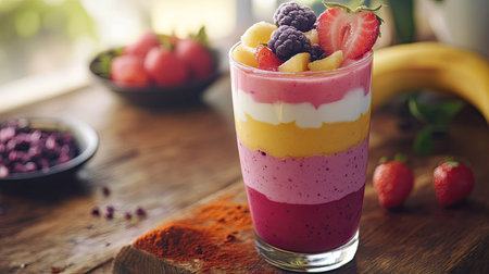 A vibrant smoothie with layers of fresh fruit and yogurt, beautifully arranged on a wooden table with fresh ingredients scattered artfully aroundの素材