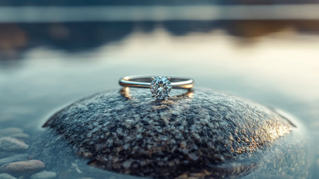 Close-up of a diamond ring resting on a smooth stone by the lake, with natural lighting and reflections from the waterの素材