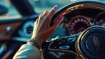 Businesswomanaes hand with pink stone nails gripping the steering wheel of a luxury car, urban business setting with modern advertising appealの素材