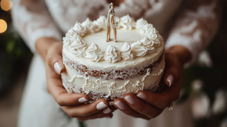 Close-up of a festive French manicure on hands holding a wedding cake topper, elegant celebration with a classic nail designの素材