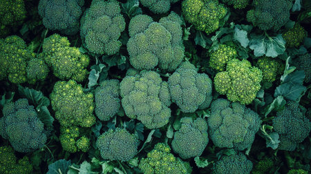 A large, vibrant pile of broccoli, seen from above, with the dense arrangement of green florets creating a lush, healthy vegetable backgroundの素材