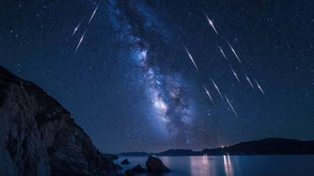 A starry summer night with Perseid meteors lighting up the sky, the Milky Way prominent above a silhouetted coastlineの素材